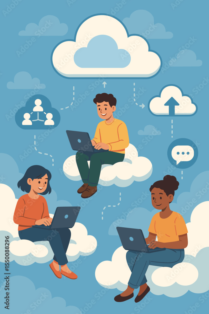 Poster cloud computing teamwork illustration. diverse people working on laptops while sitting on clouds. cl
