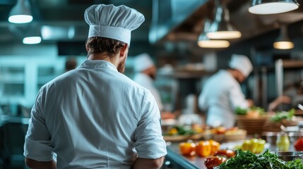 A focused chef in a bustling kitchen, supervising culinary creations with passion and dedication, illustrating the vibrant energy and teamwork involved in gastronomy.