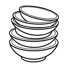 A stack of five simple line art bowls or dishes with thick black outlines isolated on a white background isolated on white background