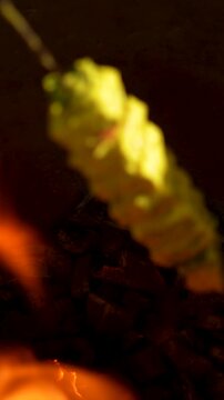 Stuffed Paneer Tikka In a Skewer being put in a Hot tandoor with fire to make Paneer Kebab