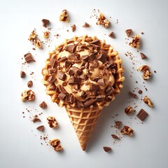 Delicious Caramel Ice Cream Waffle Cone with Chocolate and Walnuts