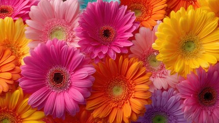 A stunning collection of gerbera daisies featuring shades of pink, orange, yellow, and purple fills the frame, showcasing the beauty of spring flowers arranged artfully together.