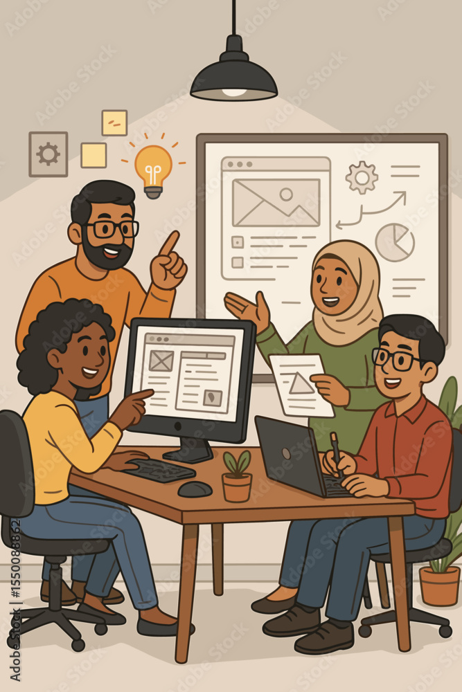 Poster diverse creative team collaborating on web design project in modern office, teamwork brainstorming d