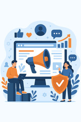 Digital marketing PR strategy brand awareness reputation management online. Vector illustration. Social media communication, content promotion, audience growth, security, analytics, teamwork.