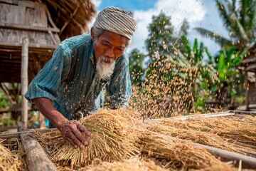 An elderly farmer skillfully threshes harvested rice in a rural village, surrounded by lush greenery and traditional wooden structures, under a sunny sky