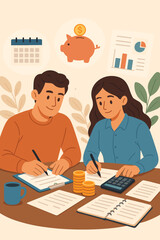 Financial planning teamwork, man woman budgeting, tax filing, managing personal finances, documents, calculator, savings, coins, office table, finance management concept vector illustration