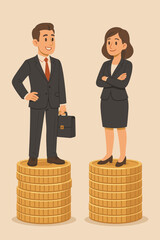 Gender Pay Gap Concept, Businessman and Businesswoman Standing on Unequal Coin Stacks, Salary Inequality, Equal Pay, Compensation Disparity, Workplace Gender Equality, Vector Illustration