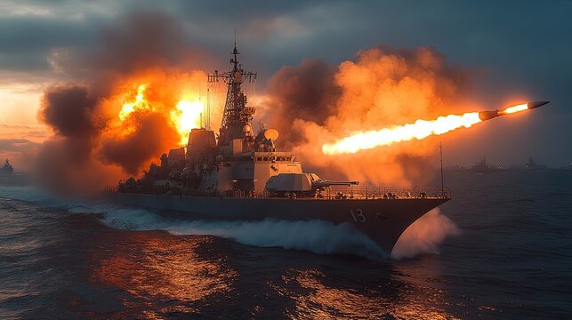 Missile cruiser unleashes barrage of guided projectiles targeting enemy fleet detected over horizon.