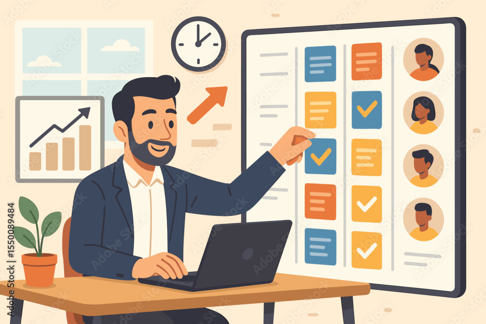 Poster businessman analyzing employee performance with project tracking dashboard in office, workflow manag