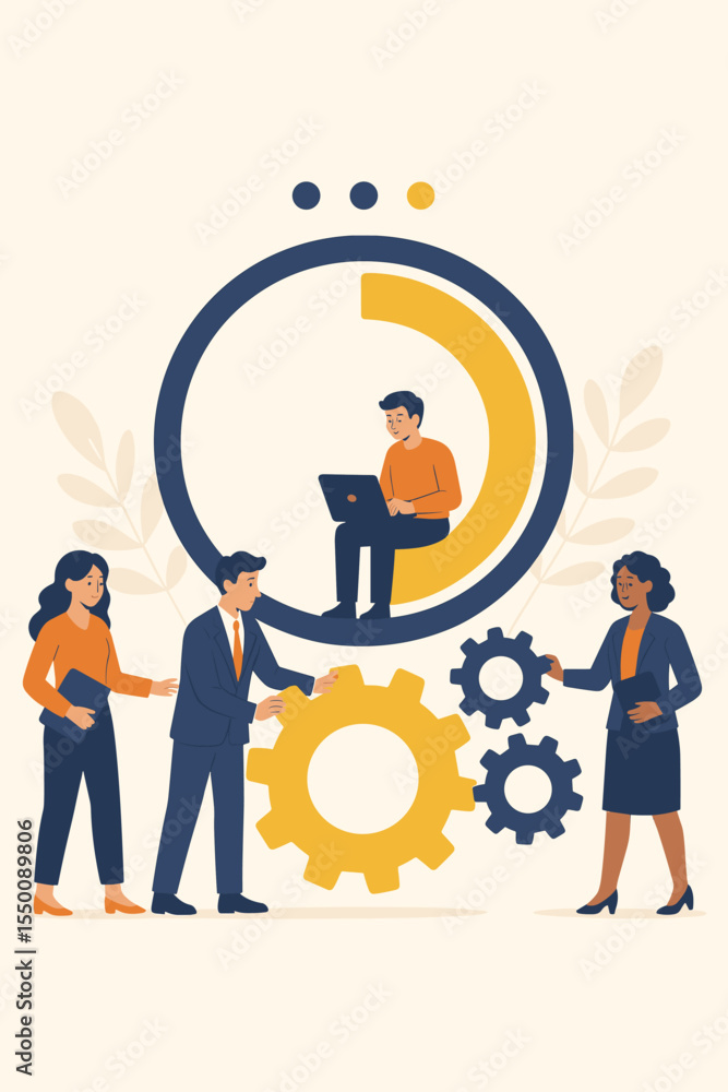 Poster business project management team collaboration, teamwork with gears, workflow optimization, loading 
