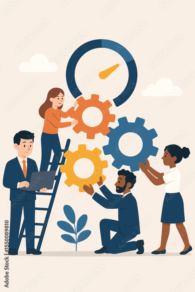 Poster project management teamwork collaboration with diverse team members assembling interlocking gears un