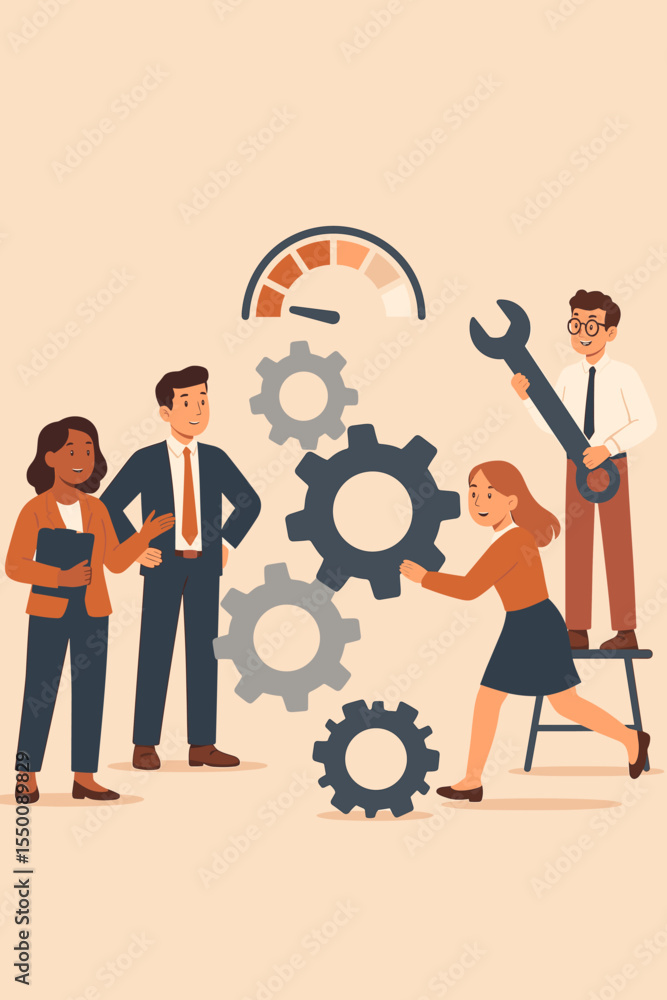 Poster teamwork and collaboration in project management. business people working together with gears, loadi