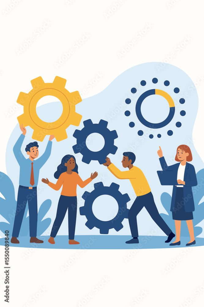 Poster diverse project management team collaboration with gears, teamwork and workflow optimization, busine