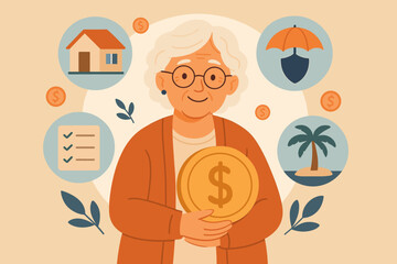 Senior woman holding gold coin symbolizing retirement savings, financial planning, insurance protection, home ownership, vacation, checklist goals, investment and money management concept vector