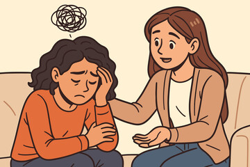 Female friend comforting depressed woman. Emotional support, empathy, mental health counseling, stress relief, anxiety, psychotherapy session. Caring conversation vector illustration on sofa