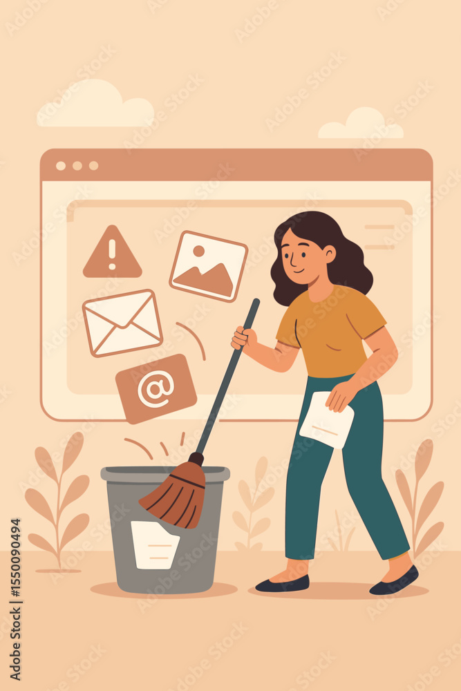 Poster woman organizing digital space, cleaning inbox, deleting spam emails, sorting files, managing emails