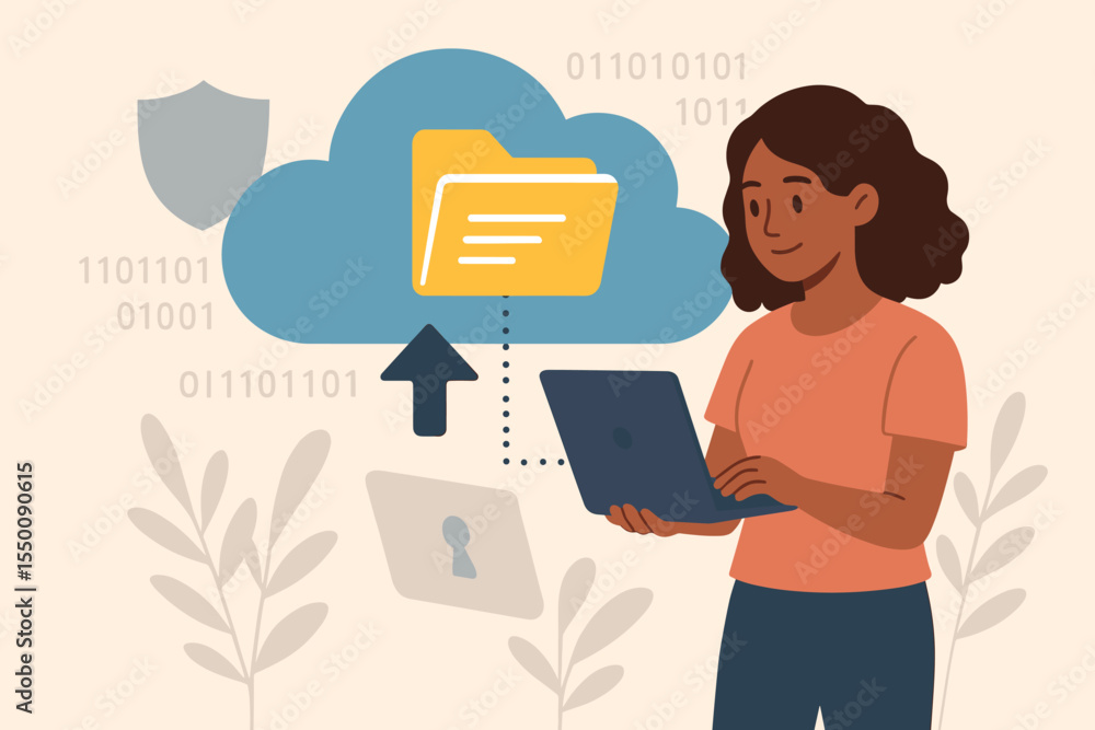 Poster cloud data backup and security concept with woman uploading files to secure cloud storage. female it