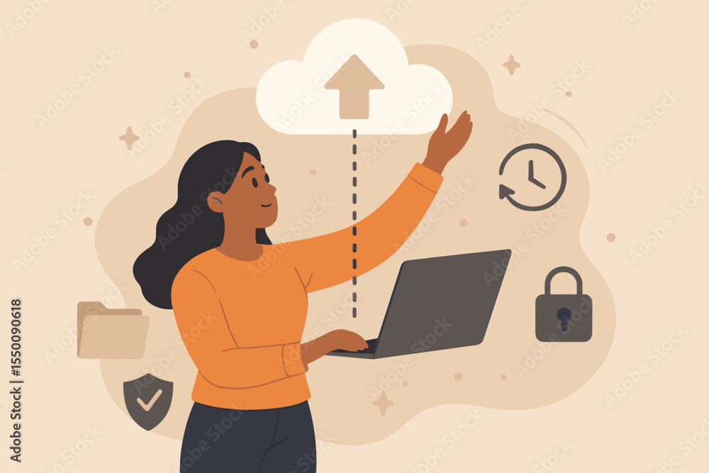 Poster cloud data backup and security concept illustration with woman uploading files to cloud storage from