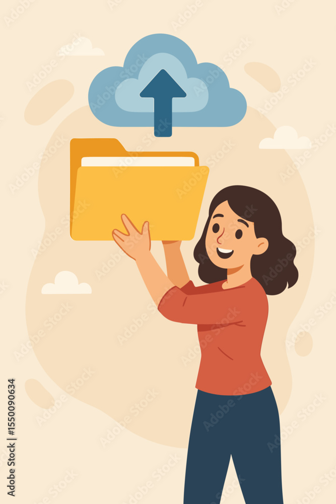 Poster flat vector illustration of a smiling woman uploading a digital folder to a cloud server with upward