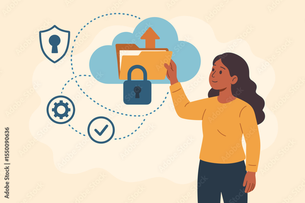 Poster woman uploading secure data backup to cloud storage folder with digital security concept, cartoon ve