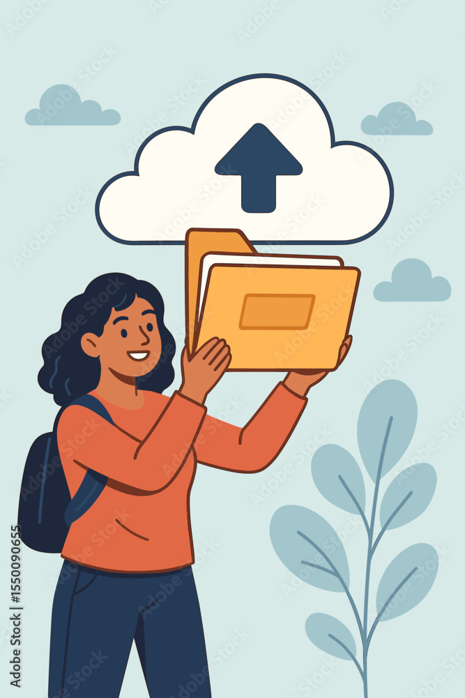 Poster smiling woman holding file folder, uploading to cloud storage in flat vector illustration. cloud com