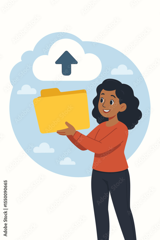 Poster woman uploading folder to cloud storage. online file management, digital data transfer, document bac