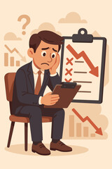 Fototapeta premium Stressed businessman analyzing financial failure and management checklist, reflecting on leadership crisis, corporate loss, business downturn, and career difficulties. Vector cartoon illustration