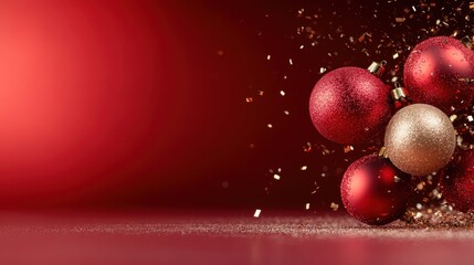 A festive arrangement of colorful Christmas ornaments scattered on a vibrant red background, capturing the essence of holiday cheer and decoration.