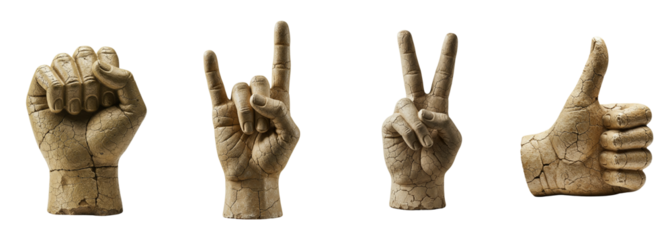 Set of isolated photorealistic sculptural hand gestures on a transparent background  