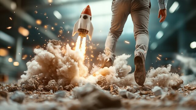 A dynamic scene of a rocket launching amidst dust and debris in an industrial environment, symbolizing exploration and adventure powered by innovation and technology.