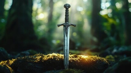 A beautifully crafted sword is embedded in the ground, surrounded by lush greenery, symbolizing mystery, history, and nature's reclaiming of ancient artifacts in a magical forest.