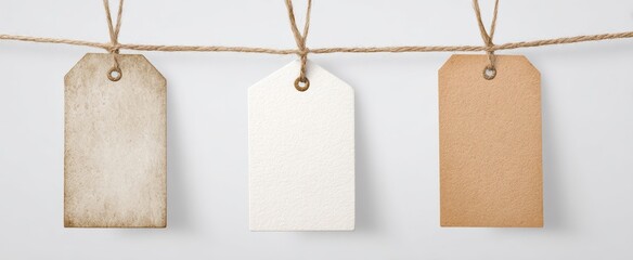 The collection of three customizable paper tags hanging on a rustic rope.
