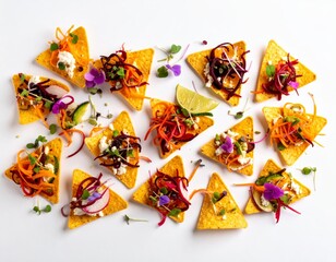 Rich tortilla chips composition with vegetables and fruit on pure white background