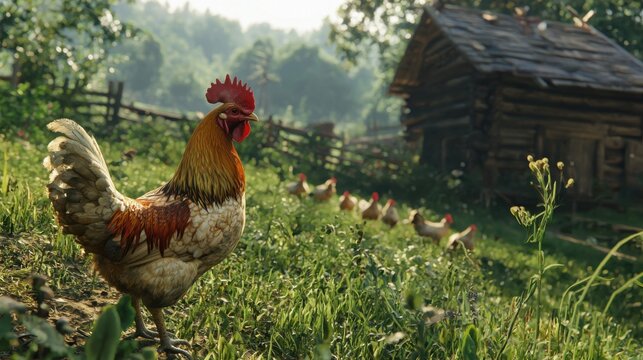 Rooster stands proudly in a lush green field near a rustic barn with hens in the background during daylight