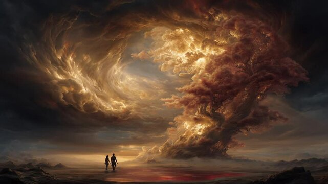 Eden's first couple Adam and Eva explore the breathtaking landscape under a dramatic sky