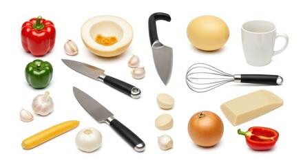 Fresh Colorful Vegetables and Kitchen Utensils on White Background