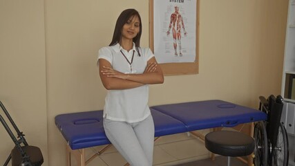 Young woman in clinic room smiling with arms crossed beside a treatment table, showcasing a professional medical environment with anatomical poster and wheelchair.