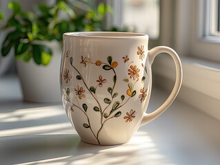 Beige mug decorated with flowers by a window and green plant backdrop. Ideal for illustrating morning, cozy home, or coffee break concepts.