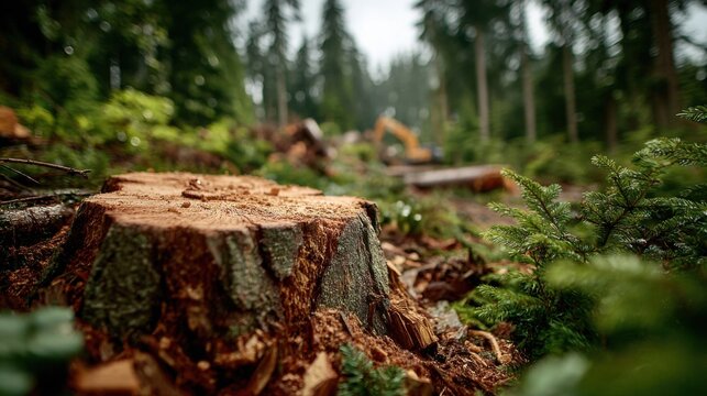 A large tree stump is prominently positioned in a forest clearing, surrounded by lush greenery. - Powered by Adobe