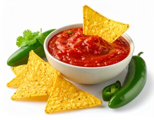 Bowl of salsa with crunchy tortilla chips and jalapeno peppers