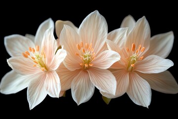 Fototapeta premium Three pale pink flowers are isolated against a stark black background. Use this in your floral design and botanical illustration projects.