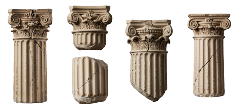 Set of isolated photorealistic images of ancient architectural columns on a transparent background  