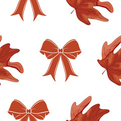 Repeating motif with maple leaves and festive bows in red, for a variety of designs