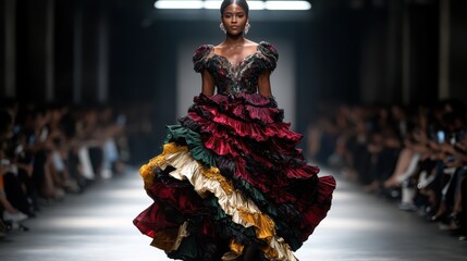 A stunning model showcases a vibrant ruffled dress at a high-fashion show, emphasizing elegance and art in clothing design amidst a captivated audience.