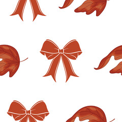 Seamless pattern with red bows and maple leaves which are a symbol of Canada on a white background for Canada Day, for various summer designs