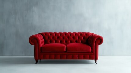 A beautiful red Chesterfield sofa elegantly placed against a textured gray wall, showcasing classic design with modern aesthetics for a sophisticated living space.