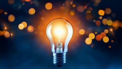 a bright light bulb is lit in the center of a dark blue background with orange bokeh