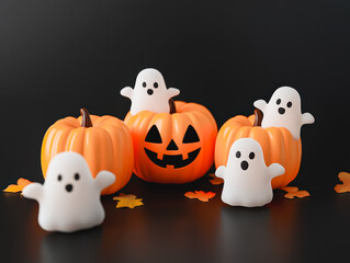 Group of Halloween pumpkins with ghostly faces and a pumpkin with a pumpkin lantern inside. The pumpkins are arranged in a way that creates a spooky and festive atmosphere