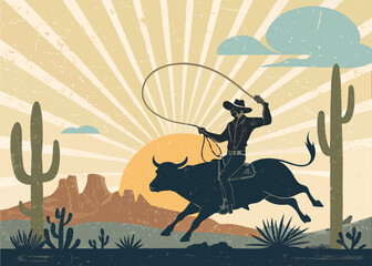 Vintage silhouette or engraved style of a cowboy riding a bull or lassoing, cacti and desert in the background, sunrays behind
