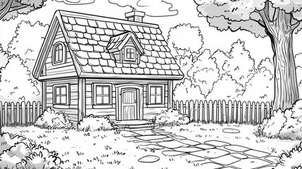 Obraz premium Cozy cottage surrounded by greenery with a stone pathway and wooden fence on a sunny day